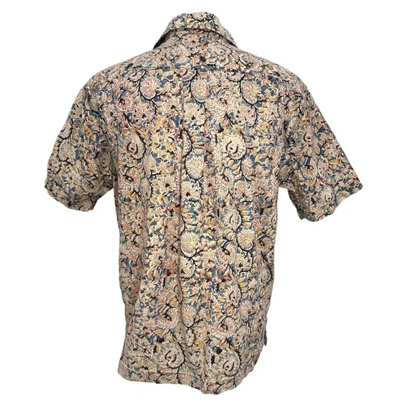 Vintage ORVIS Men's Size L Floral Print 100% Cotton Button Up Shirt Blue Tan - Picture 4 of 7
